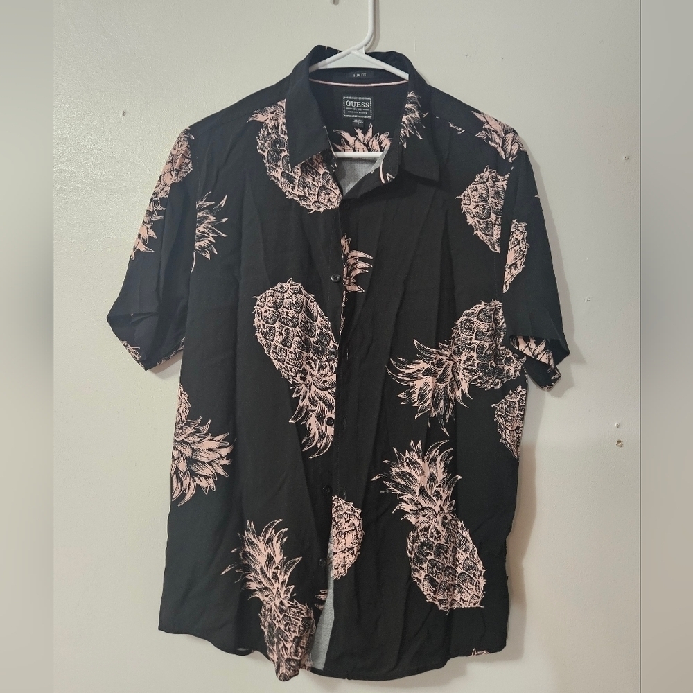Guess slim fit black and pink pineapple button up shirt!
